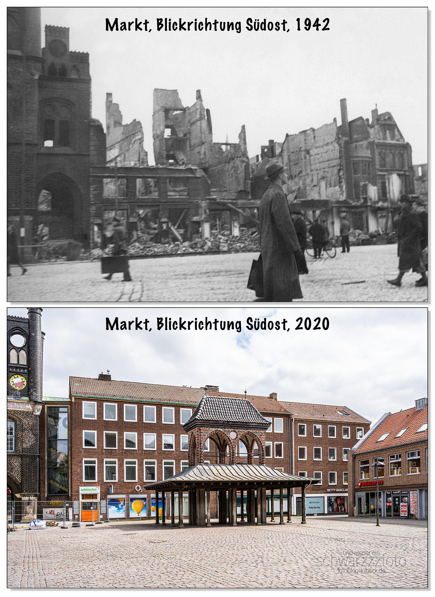 vorher/nachher-Fotos (Kriegsschäden in Lübeck) 1942/2020